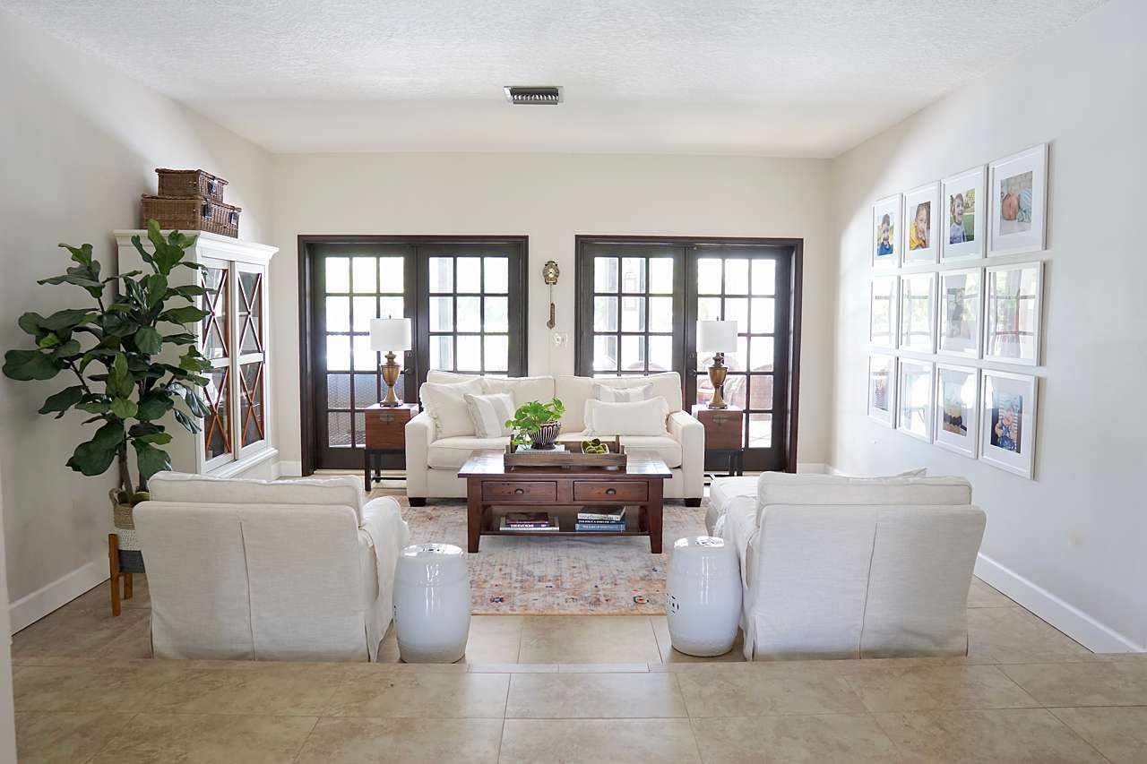 traditional living room with gallery wall