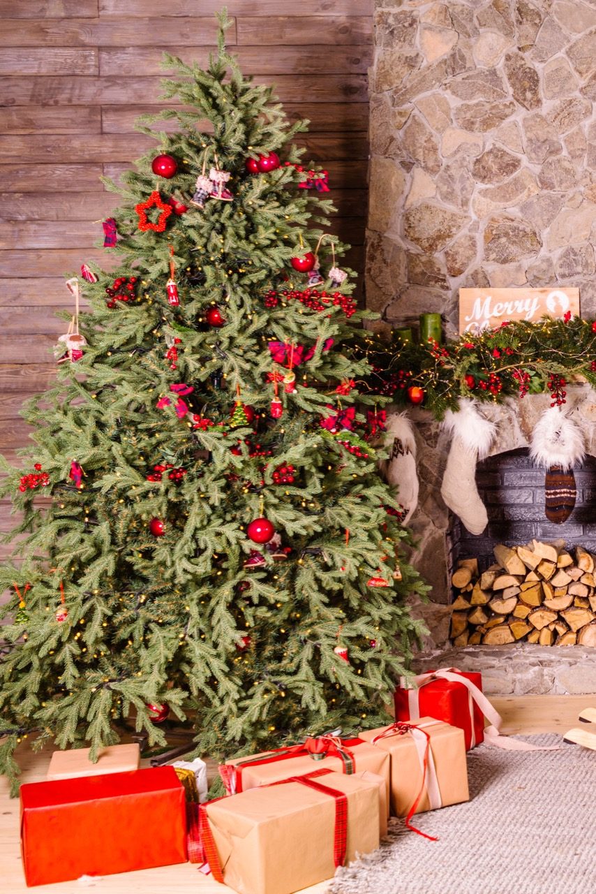 A decorated Christmas tree with gifts.