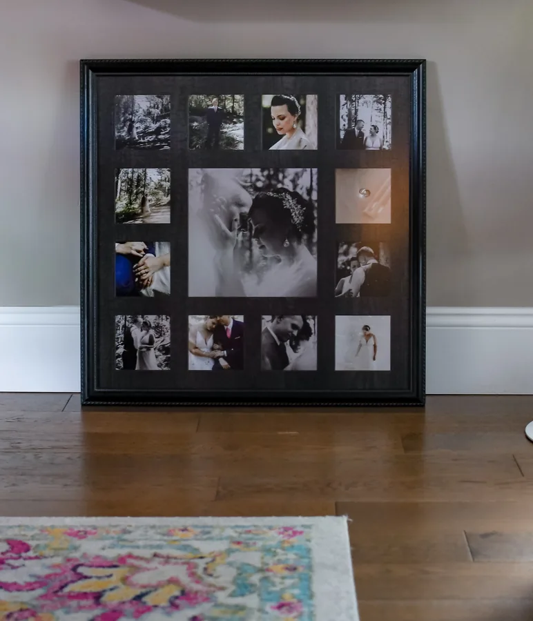 Thirteen-opening collage frame of black and white wedding photos