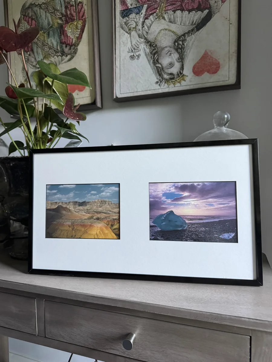 Two-opening collage frame with landscape photos and a white matboard