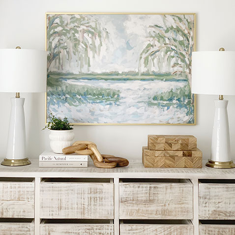 Affordable framed print of painting in white room