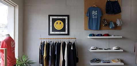 Custom print hanging inside apparel shop