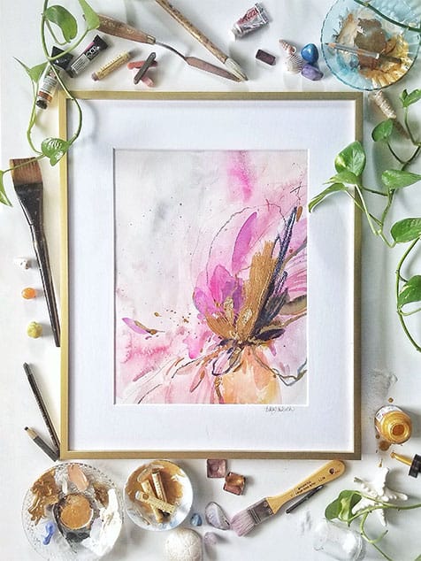 Watercolor flower painting in gold frame