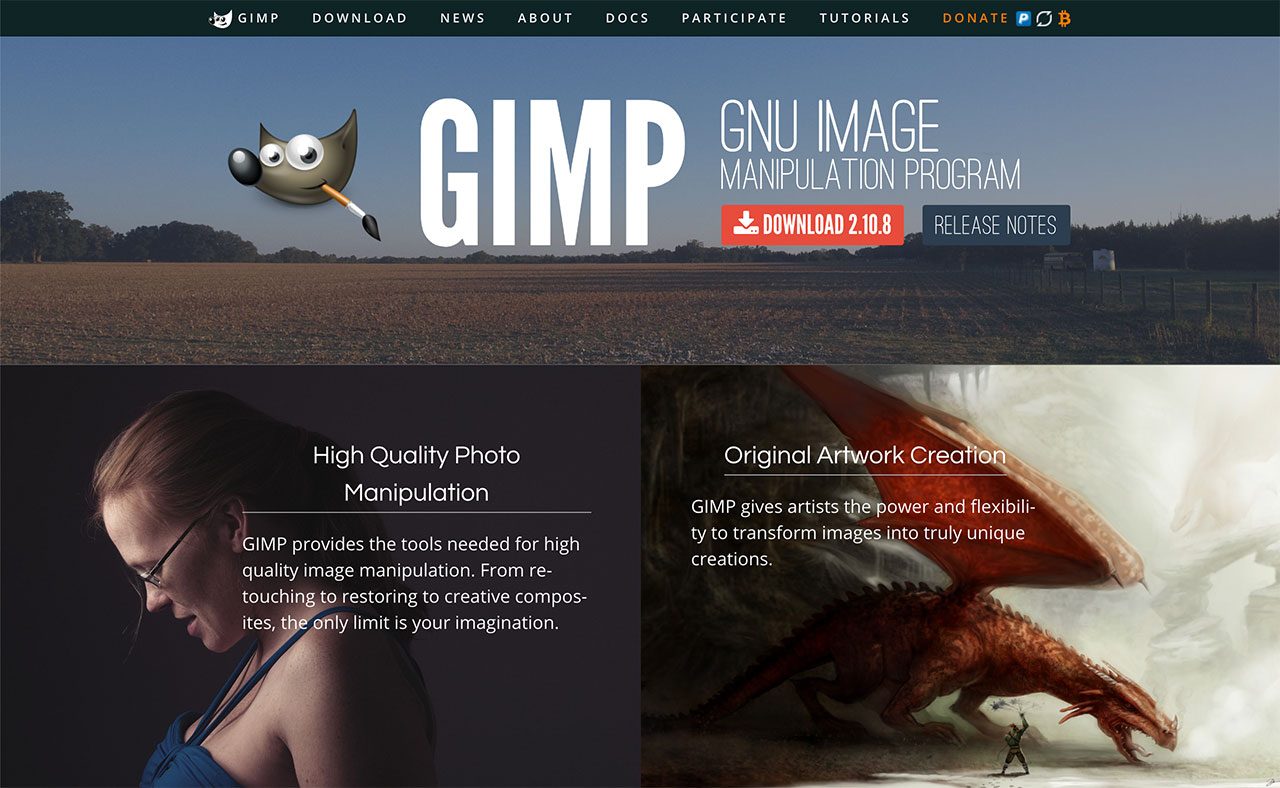 Gimp GNU Image Manipulation Program website homepage