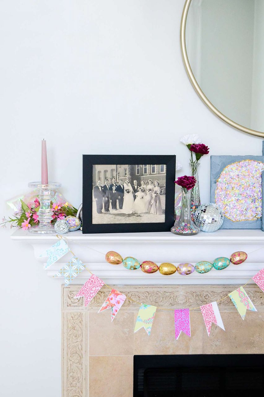 Festive mantle with framed black and white photo