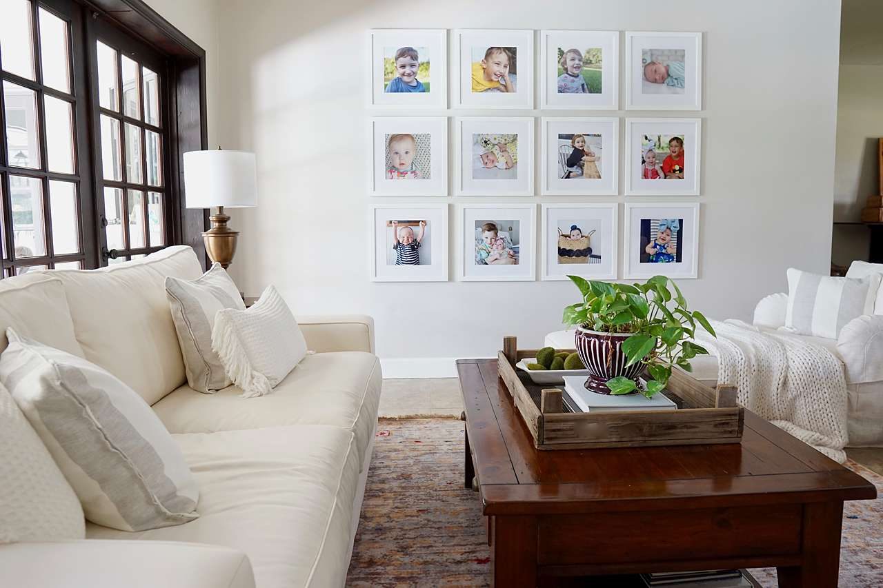 White picture frame gallery wall in white living room