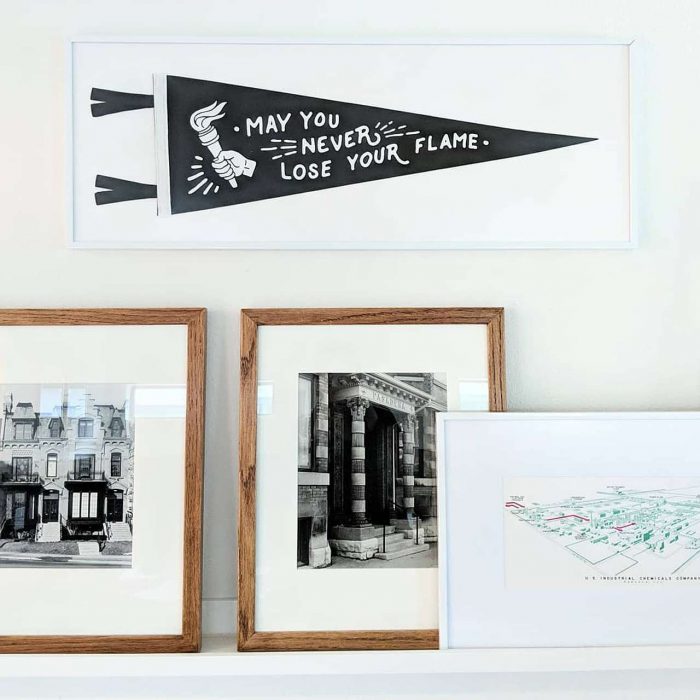 Unique Framing Ideas - framed pennant banner, “May you never lose your flame”