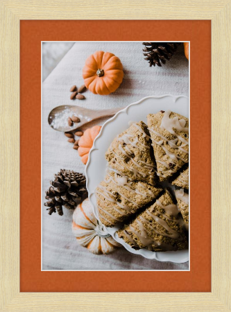 Fall art print - pumpkin scones - Derby frame In Wheat with tangerine matting