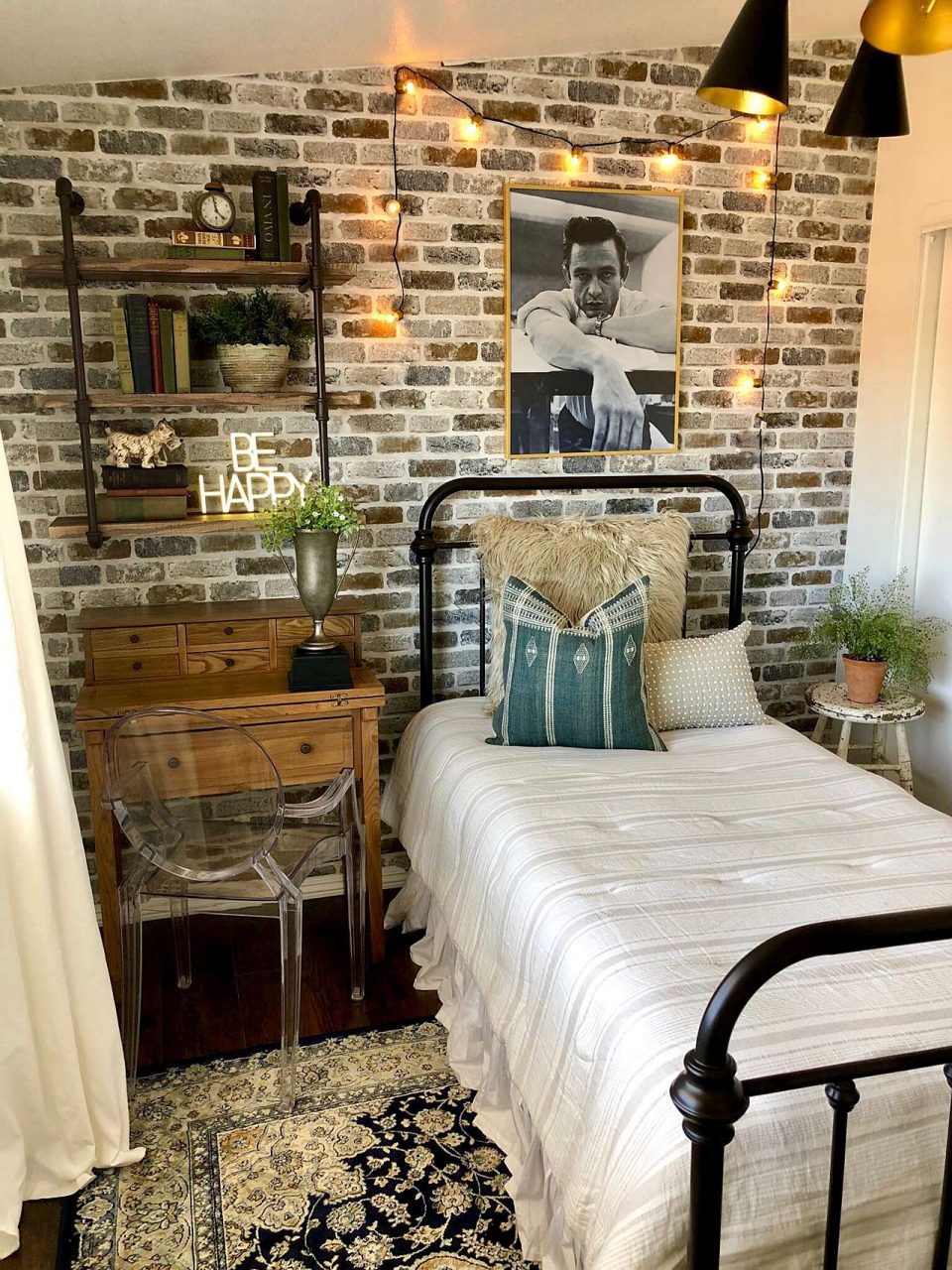How to Hang a Frame on Any Wall: Brick wall bedroom