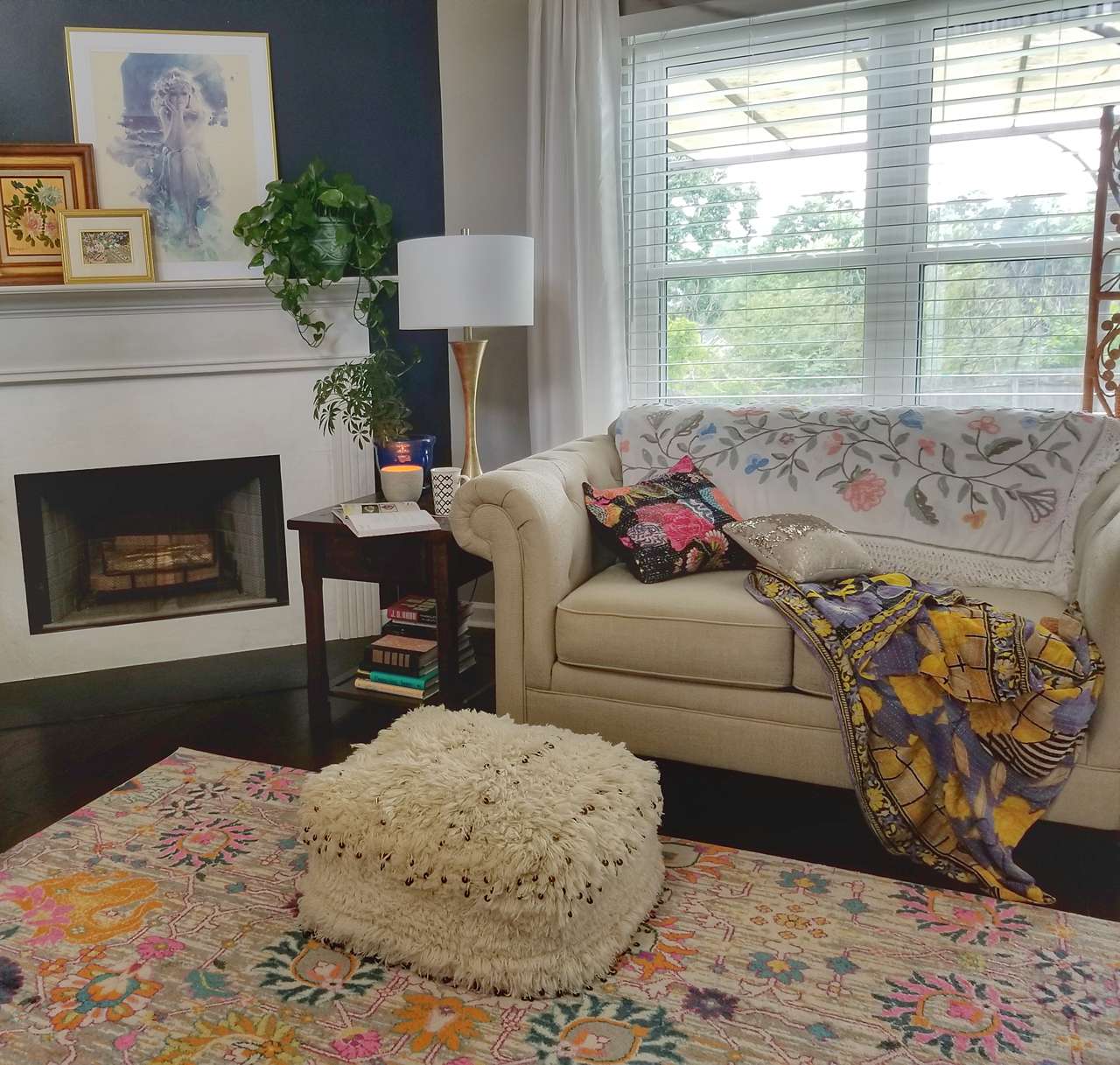 living room with framed display 