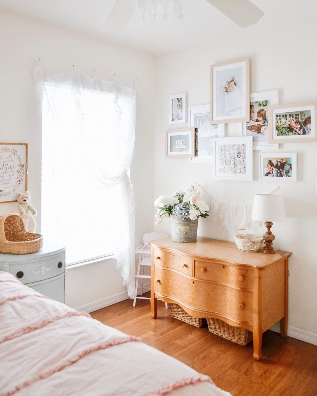 bedroom gallery wall, stacked frames