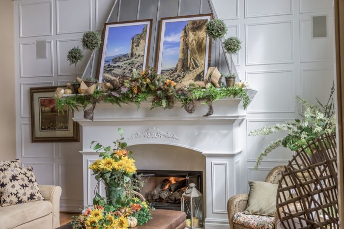 Pictures on fireplace mantel 