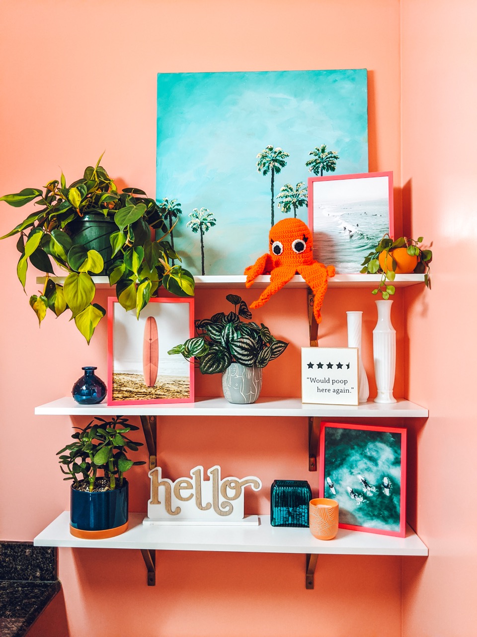 Hot pink frame in bathroom 