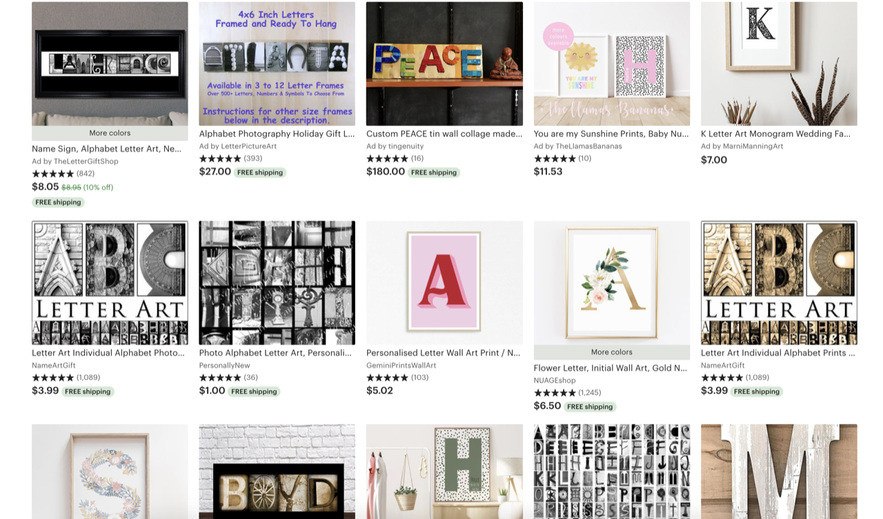 Letter art on Etsy