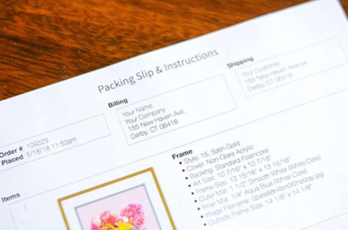 Art Printing And Framing: packing slip