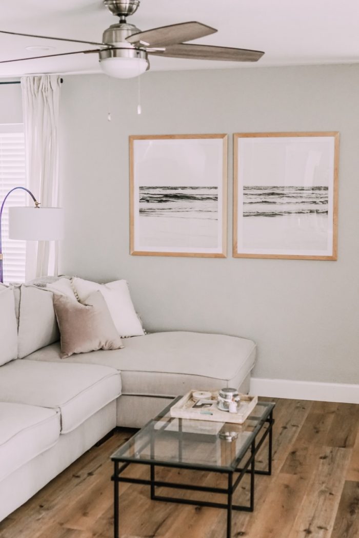 Living room with two framed photos.