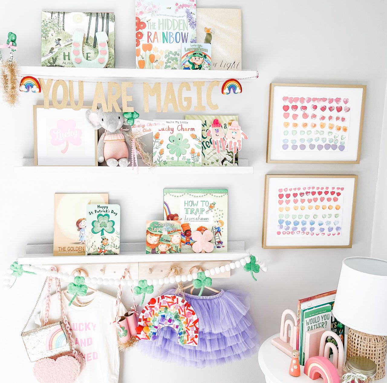 kids room with shelves and picture frames