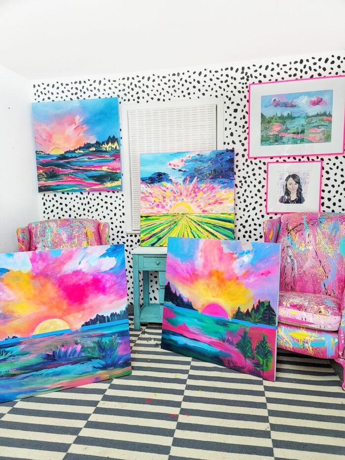 A vibrant and funky room with pinks, reds, and blues