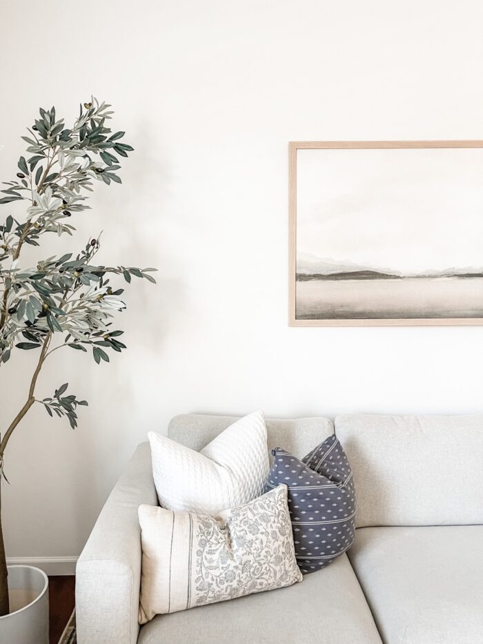 a minimalist living room with a large nature photo framed