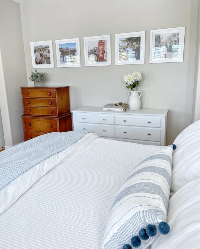 Five frames in a row in a clean minimalist bedroom. 