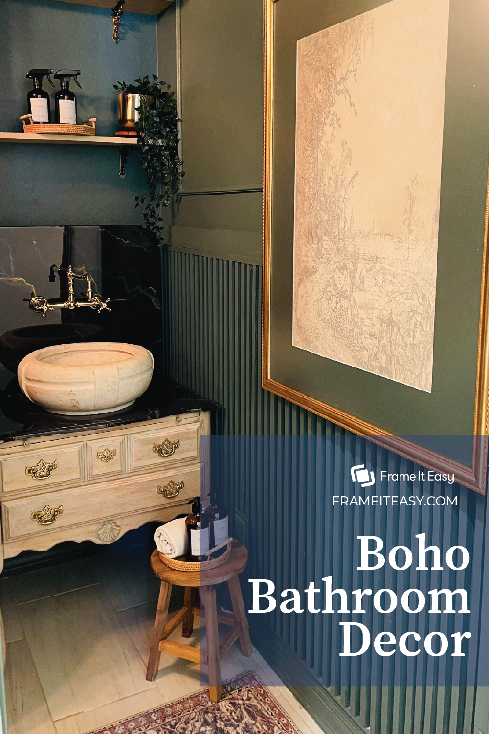 Boho Bathroom Decor- A darn green, earth-toned bathroom with mixed patterns, textures, and plants showcases a few basics for Boho bathroom decor.