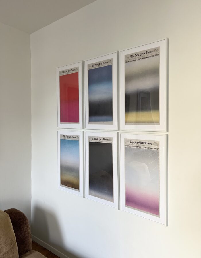 Framed gallery wall with graphic art.