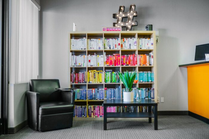 Waiting room decor with chair, plant, and bookcase. 