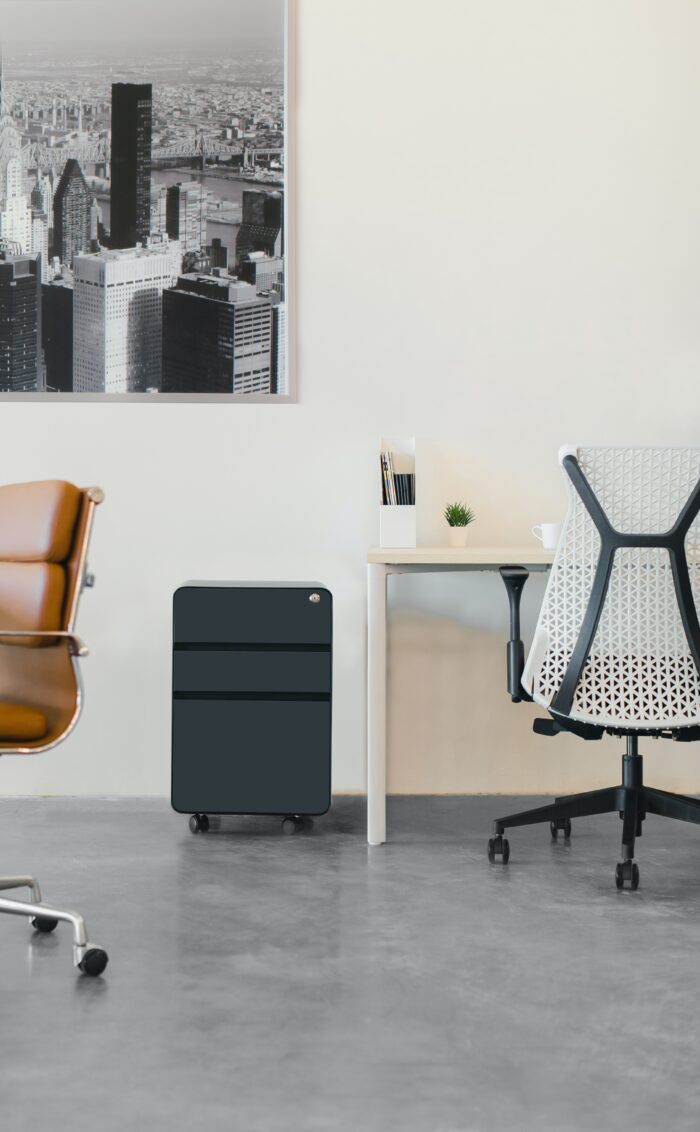 Modern office decor with two chairs and simple cabinet with white walls