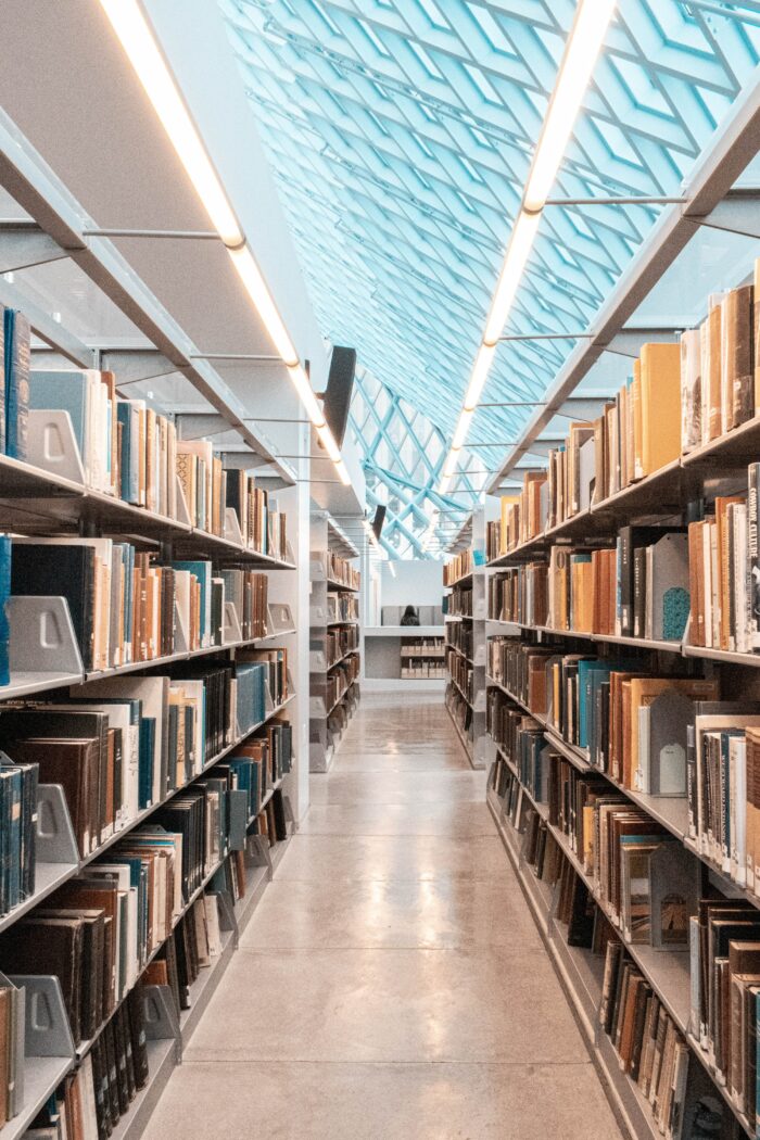 School library, shelves of books inside the library. 