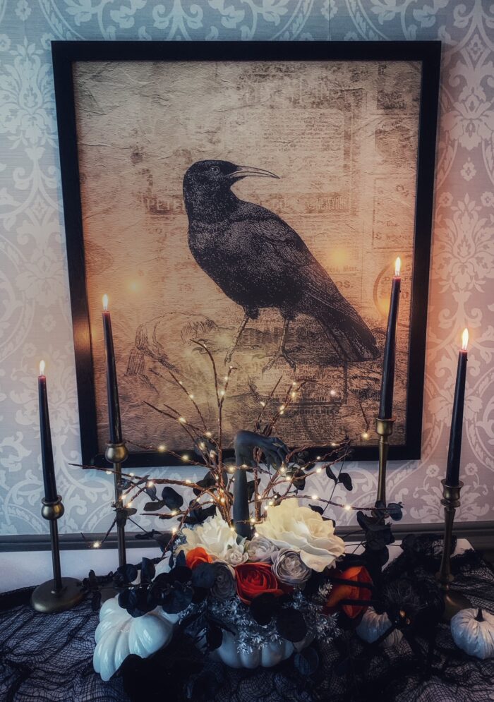 Victorian & Gothic Home Decor Guide: A framed crow with matching dark mantel piece. 