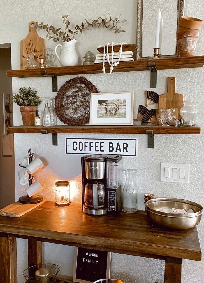 Cottagecore Kitchen Decor: industrial wooden shelving.