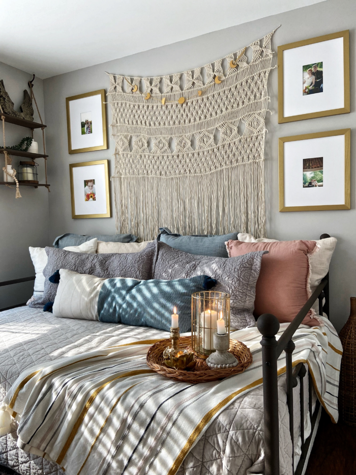 Bohemian decor with Macrame and hanging art prints 