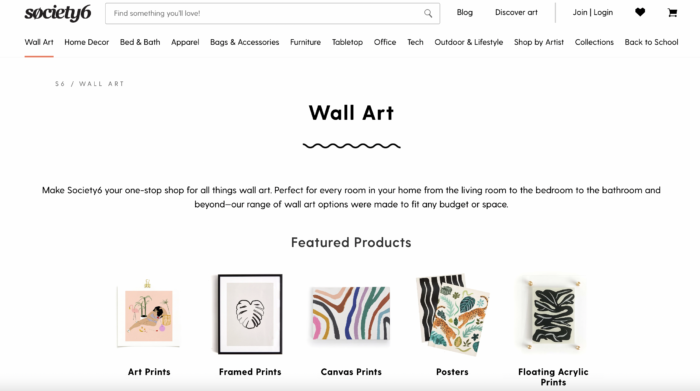 Art as a side gig: Society 6's website and storefront.