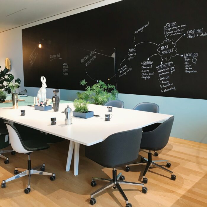 A conference room design with plants and decor