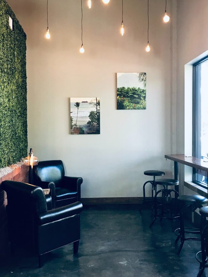 A waiting room with chairs and nature art prints.
