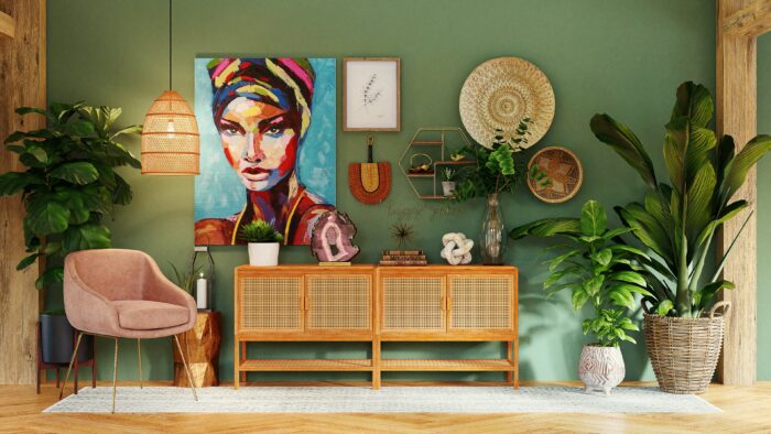Eclectic decor with table, accent chair, and a framed art print.