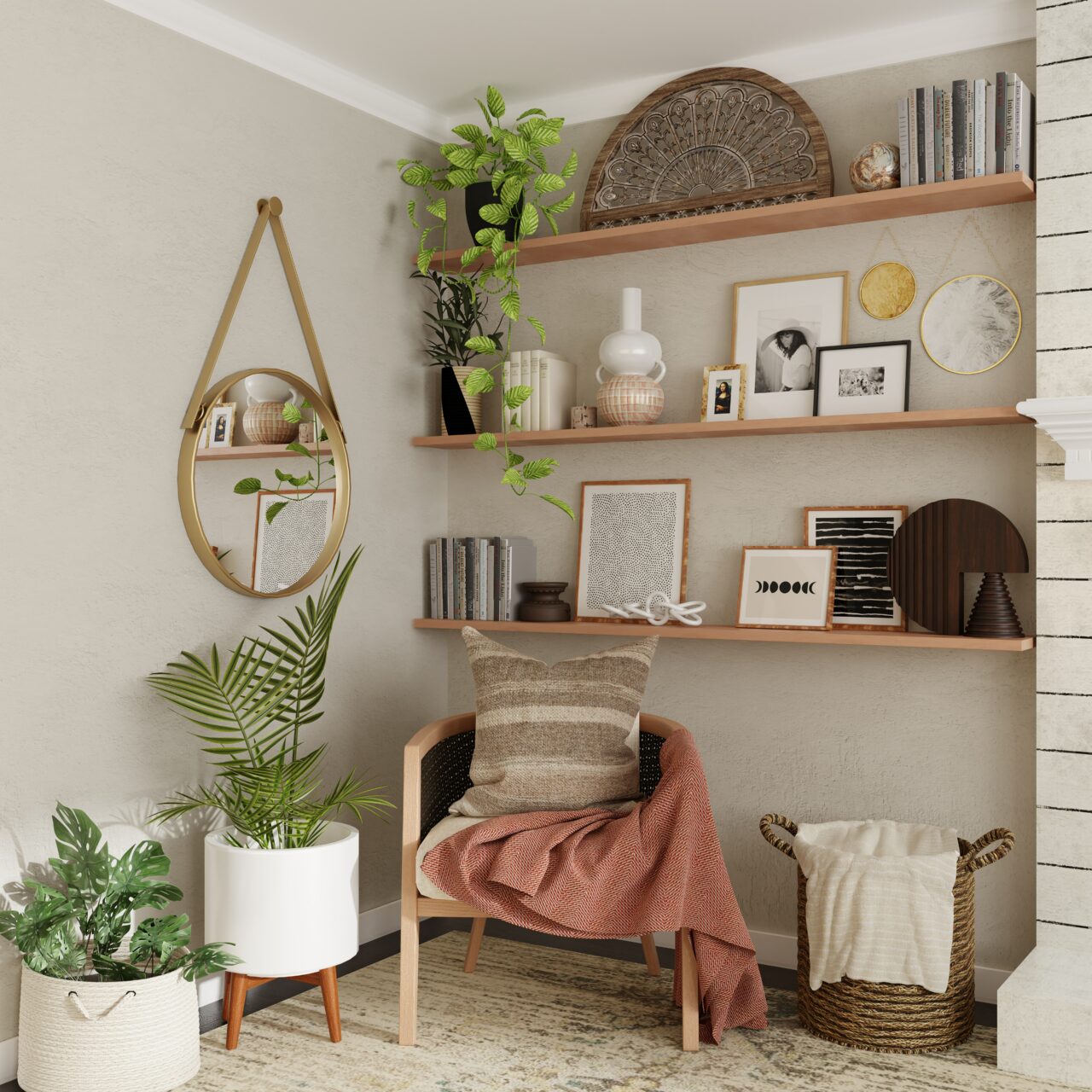 Bohemian office corner with an armchair and plants.