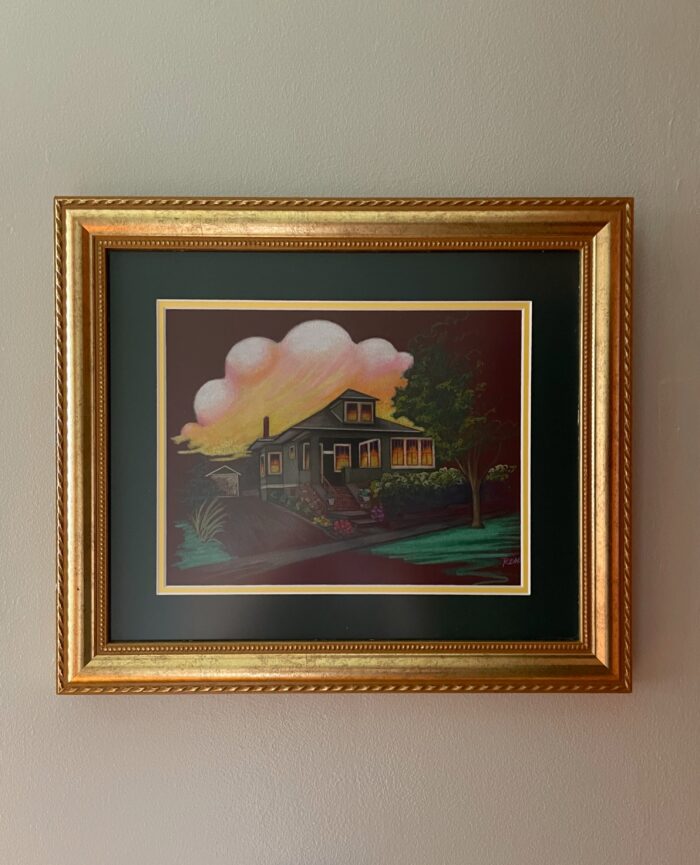 A colored pencil original artwork in a Granby Gold frame