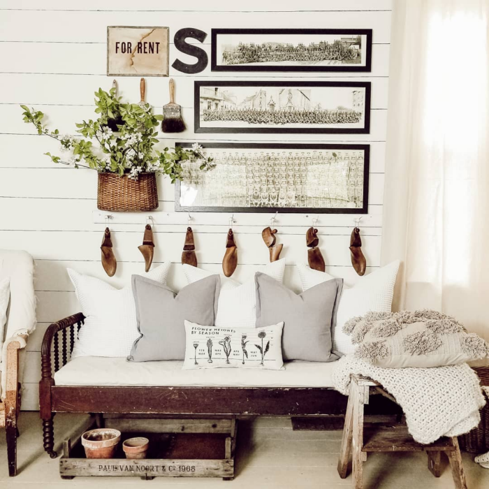 Cottagecore style decor with framed vintage art prints.