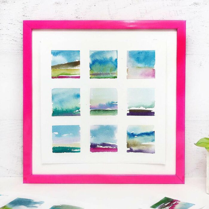 Painted landscape squares float mounted.