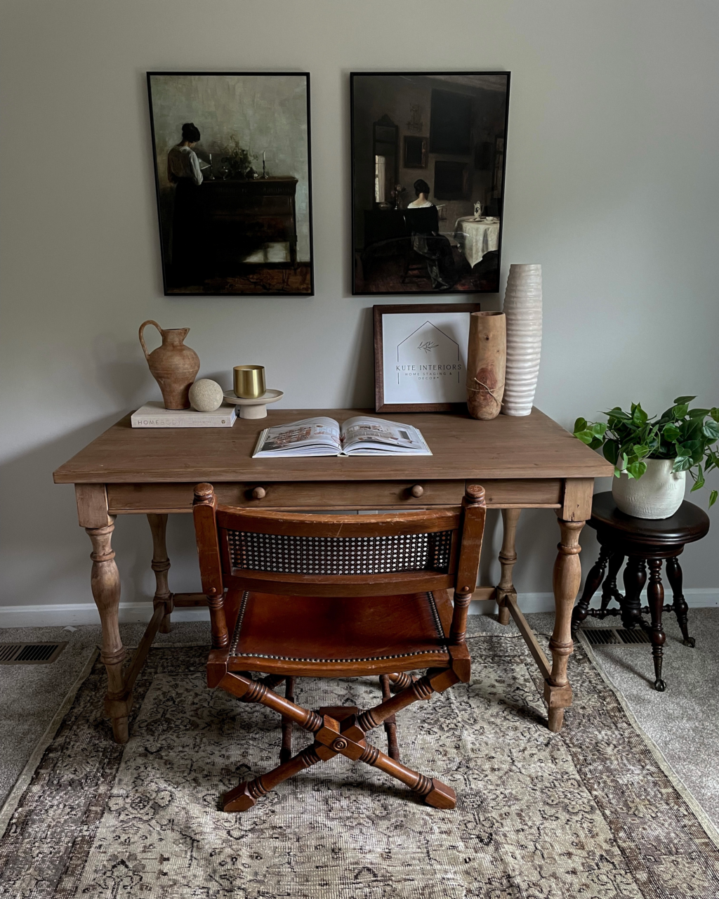 Southwestern decor -style office with framed art prints above a desk.