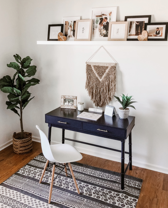 Bohemian office with Macrame wall art above a desk.