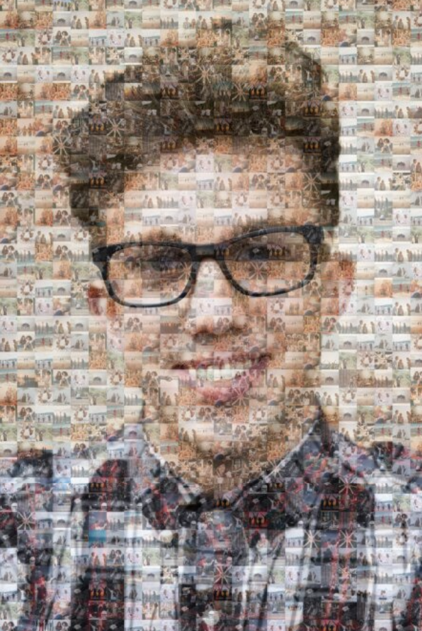 Photo mosaic of a smiling young man.