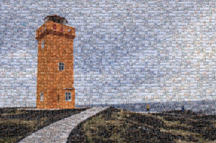 Photo mosaic art featuring an orange lighthouse.