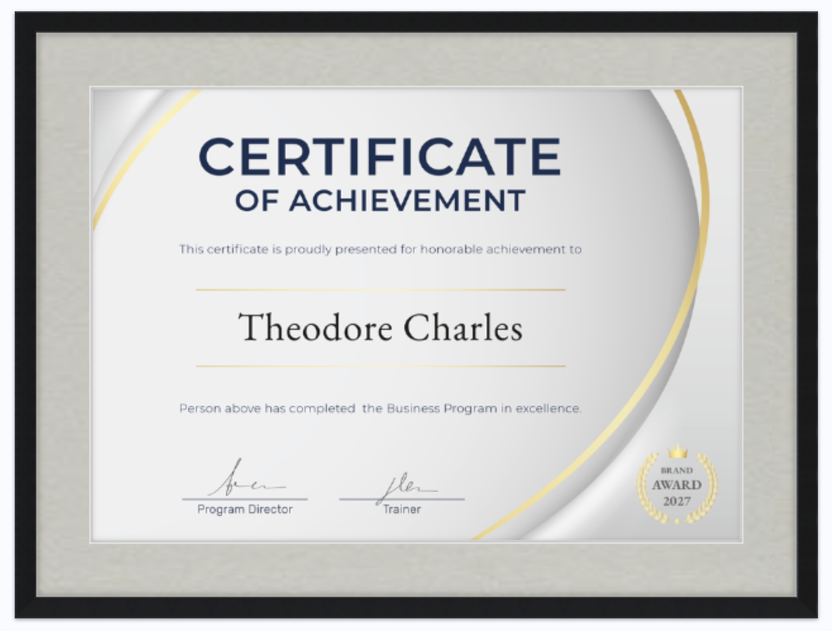 Achievement certificate in Ashford frame