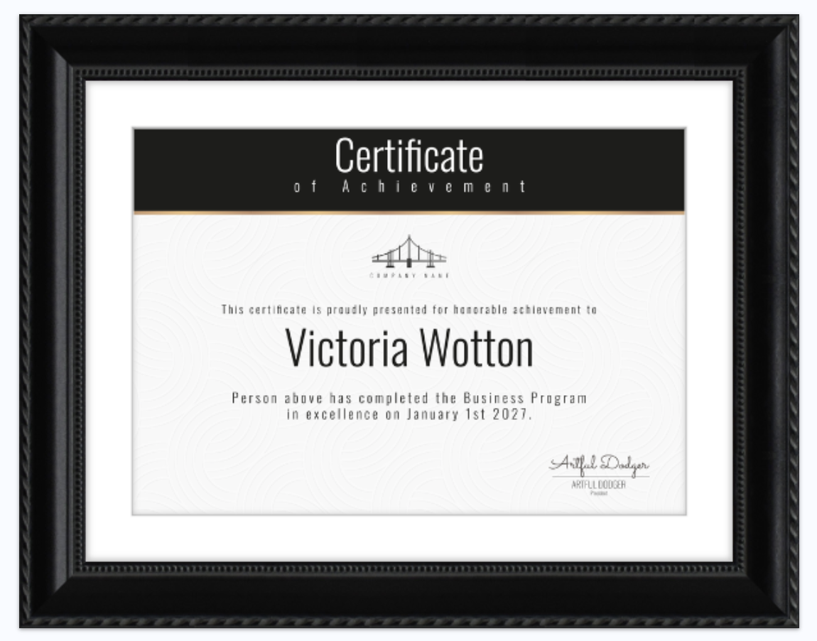 Granby frame in black with a certificate of completion
