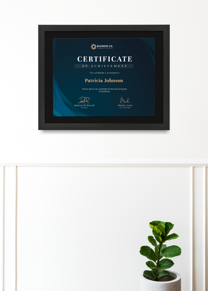 Framed certificate of completion or achievement certificate