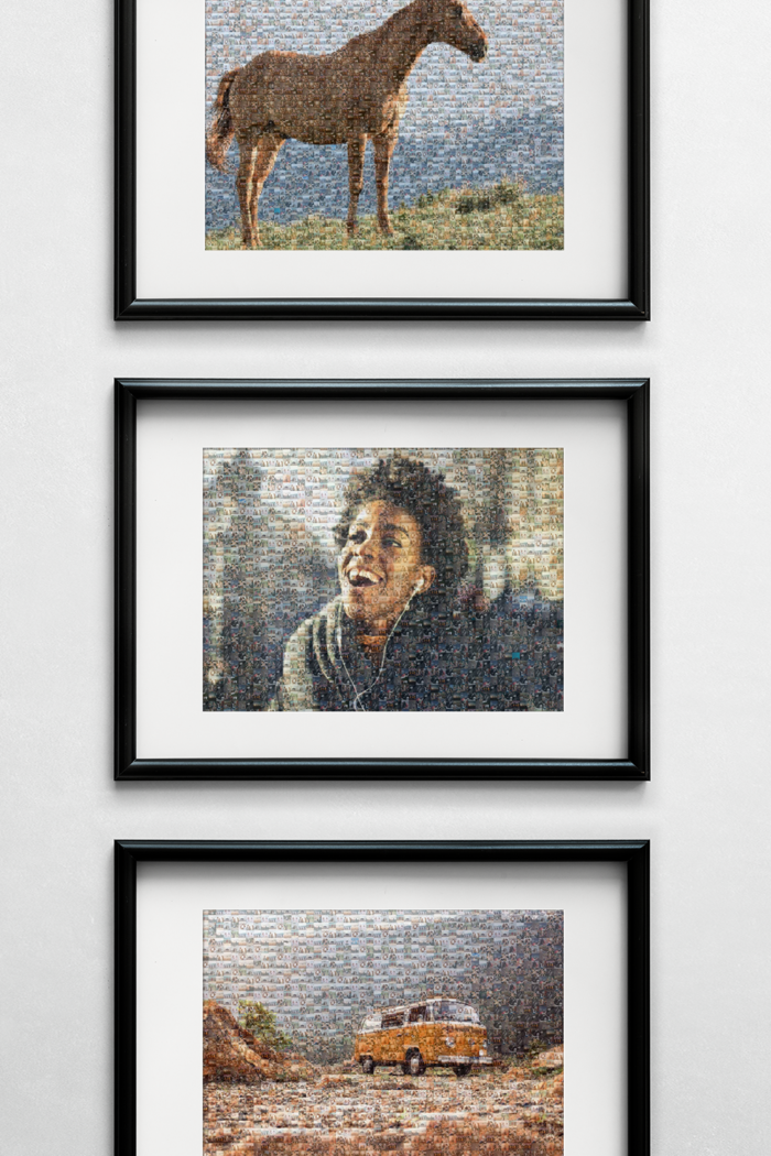 A gallery wall with a few photo mosaic images.