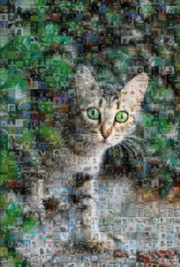 Mosaic picture of a cat in a bush.