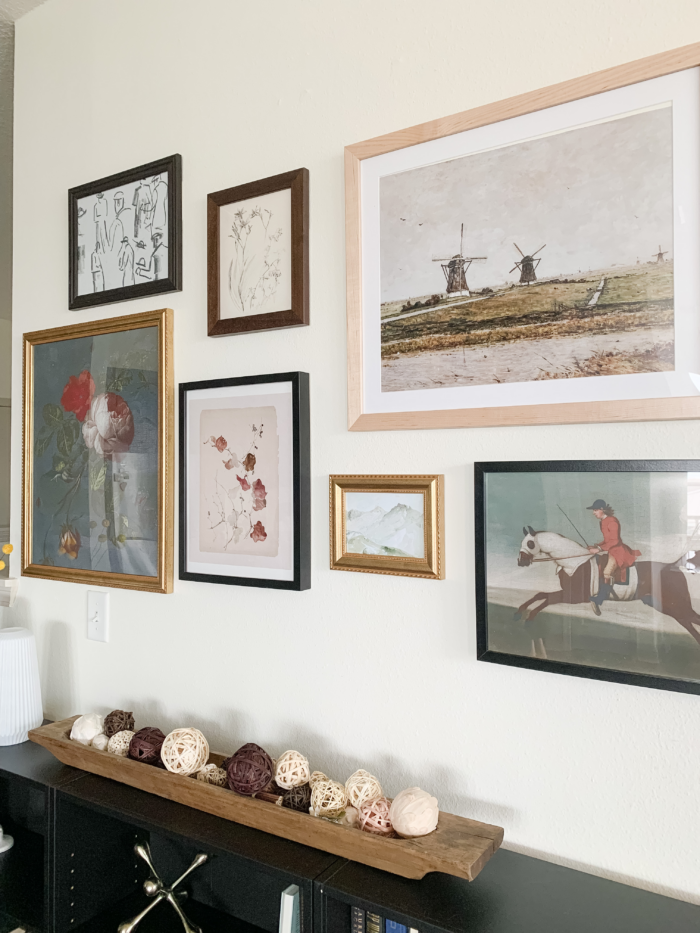 Framed paintings and art prints.
